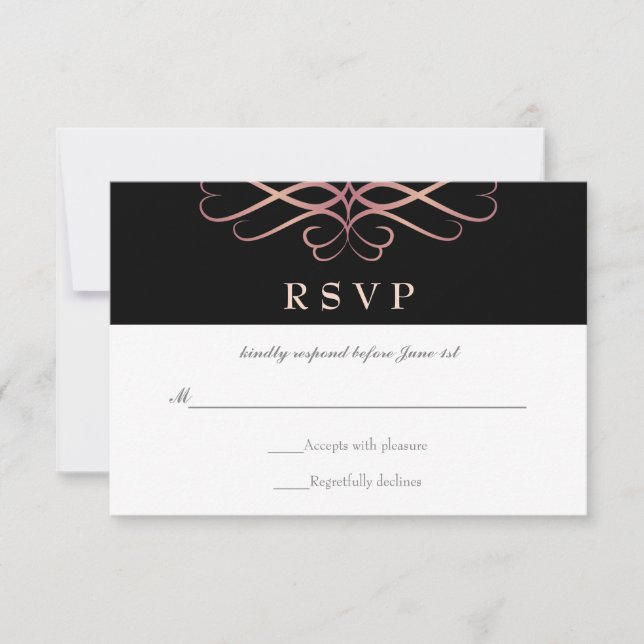 Rose Gold and Black, Elegant Flourishes Wedding RSVP Card (Front)