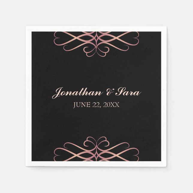 Rose Gold and Black, Elegant Personalised Wedding Napkin (Front)
