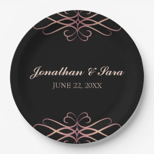 Rose Gold and Black, Elegant Personalised Wedding Paper Plate