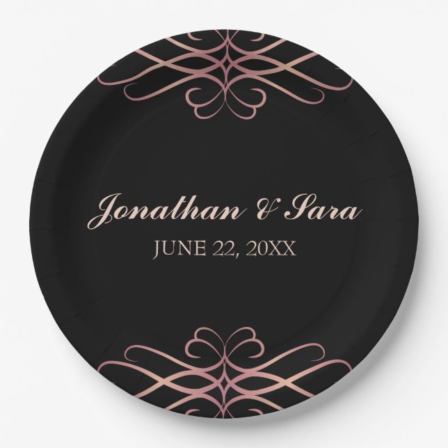 Rose Gold and Black, Elegant Personalised Wedding Paper Plate (Front)