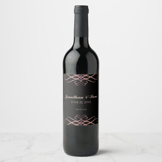 Rose Gold and Black, Elegant Personalised Wedding Wine Label