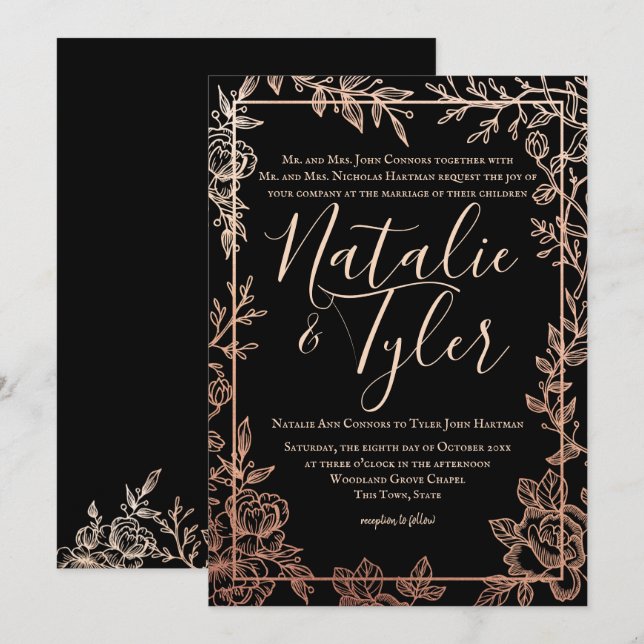 Rose Gold and Black Floral Sketch Frame Classic Invitation (Front/Back)