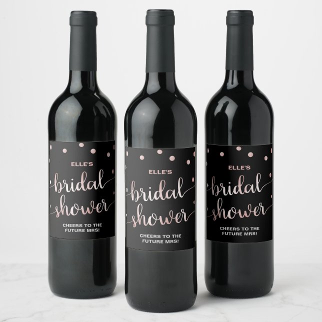Rose Gold and Black | Glam Confetti Bridal Shower Wine Label (Bottles)