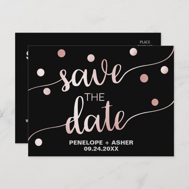 Rose Gold and Black | Glam Confetti Save the Date Announcement Postcard (Front/Back)