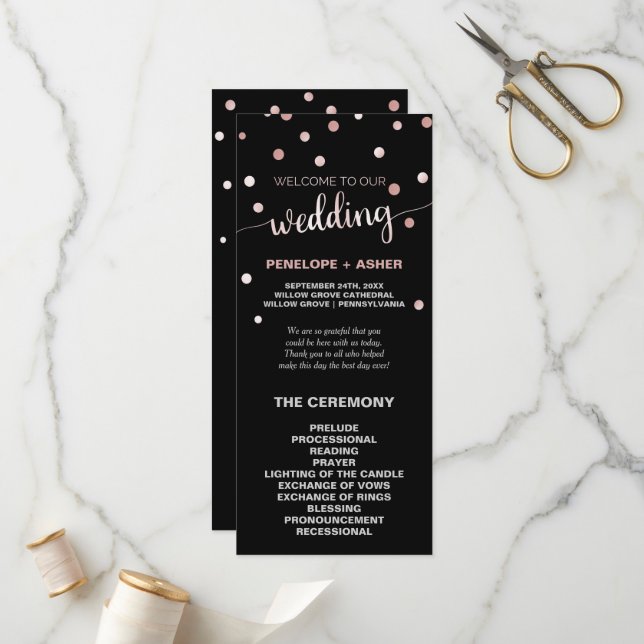 Rose Gold and Black Glam Confetti Wedding Program Programme (Front/Back In Situ)