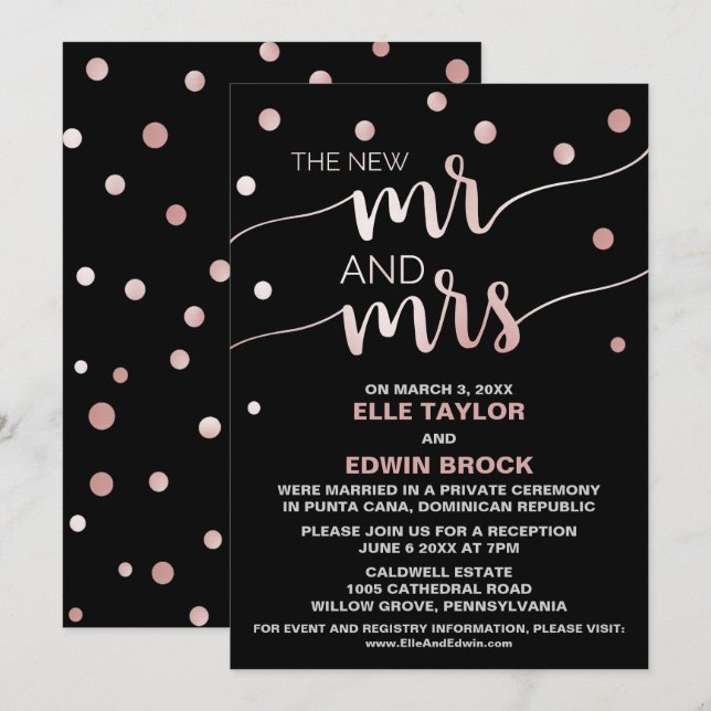 Rose Gold and Black | Glam Elopement Reception Invitation (Front/Back)