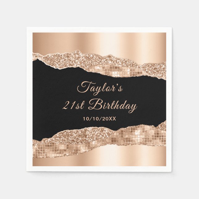 Rose Gold and Black Glam Tears Birthday Party Napkin (Front)