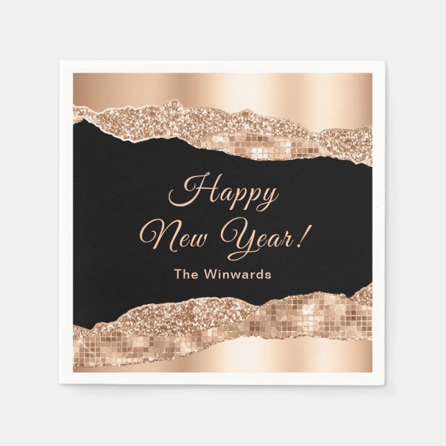 Rose Gold and Black Glam Tears Happy New Year Napkin (Front)