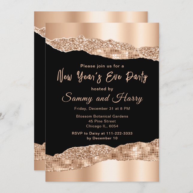 Rose Gold and Black Glam Tears New Year's Party Invitation (Front/Back)