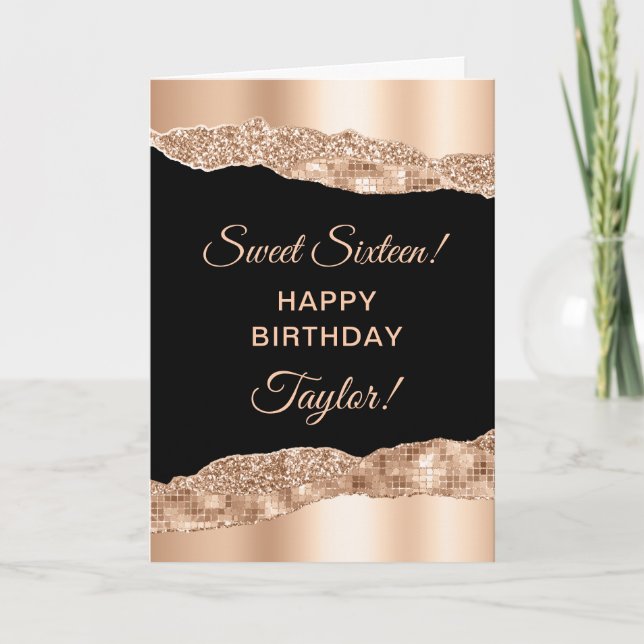 Rose Gold and Black Glam Tears Sweet Sixteen Card (Front)