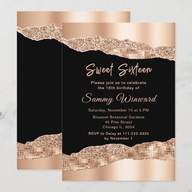 Rose Gold and Black Glam Tears Sweet Sixteen Invitation (Front/Back)