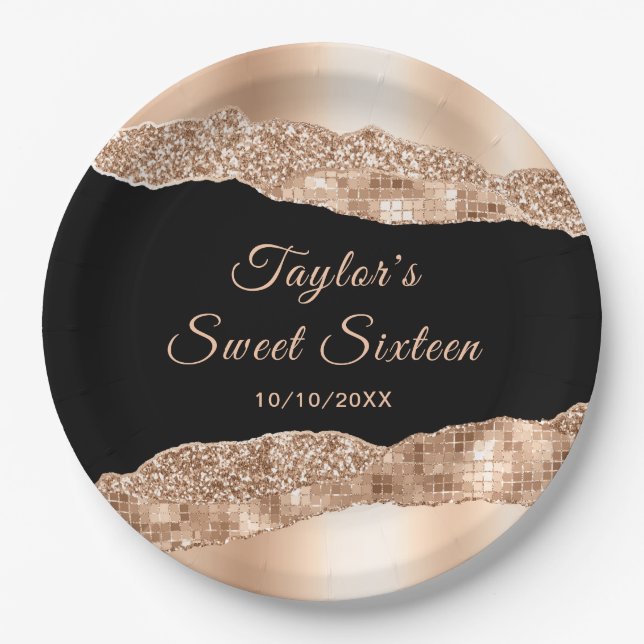 Rose Gold and Black Glam Tears Sweet Sixteen Paper Plate (Front)