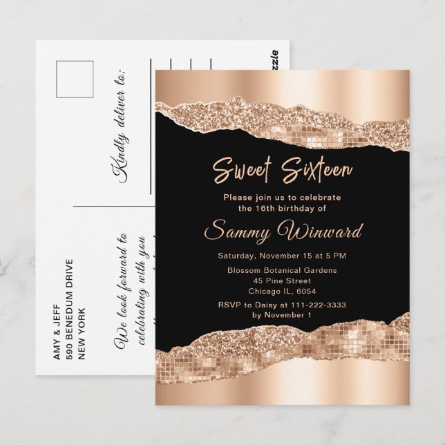 Rose Gold and Black Glam Tears Sweet Sixteen Postcard (Front/Back)