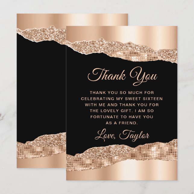 Rose Gold and Black Glam Tears Sweet Sixteen Thank You Card (Front/Back)