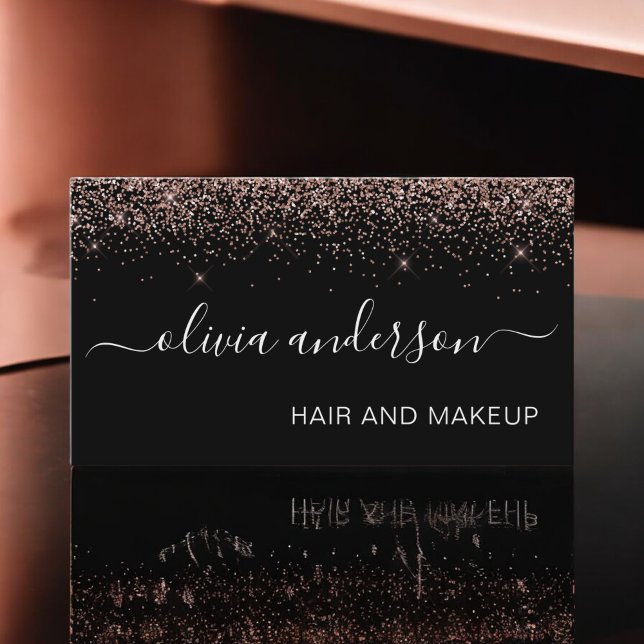Rose Gold and Black Glitter Hair Makeup Salon Business Card (Creator Uploaded)