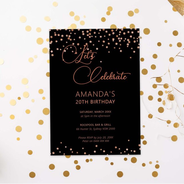 Rose gold and black glitter sparkle birthday invitation (Creator Uploaded)