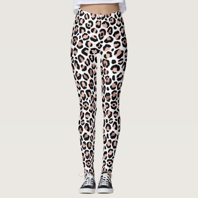 Rose Gold and Black Leopard Print Animal Print  Leggings (Front)