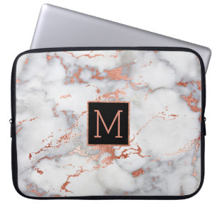 rose gold and black monogram on marble laptop sleeve