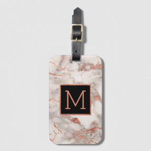 rose gold and black monogram on marble luggage tag