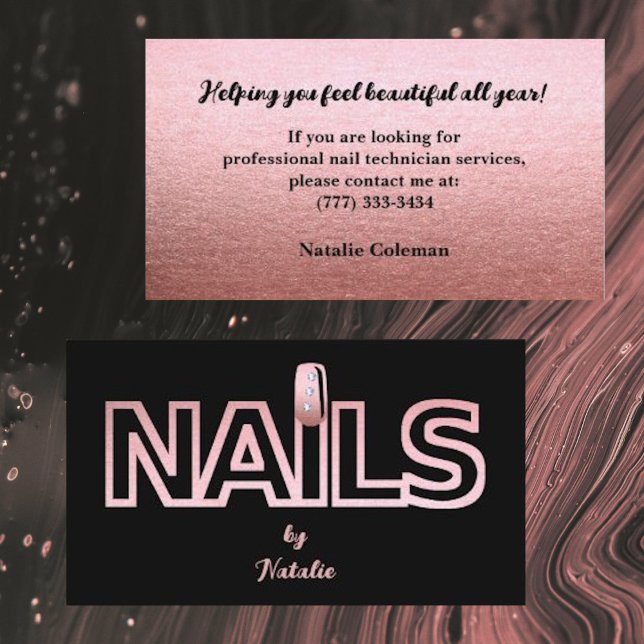 Rose Gold and Black Nail Technician Business Card (Creator Uploaded)