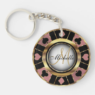 Rose Gold and Black Poker Chip Design - Monogram Key Ring