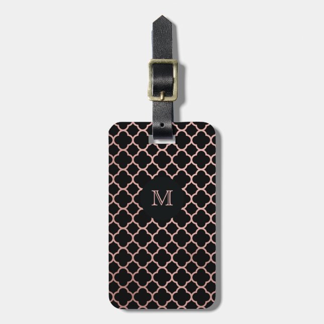 Rose Gold and Black quatrefoil Luggage Tag (Front Vertical)
