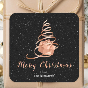 Rose Gold and Black Ribbon Gift Merry Christmas Square Sticker