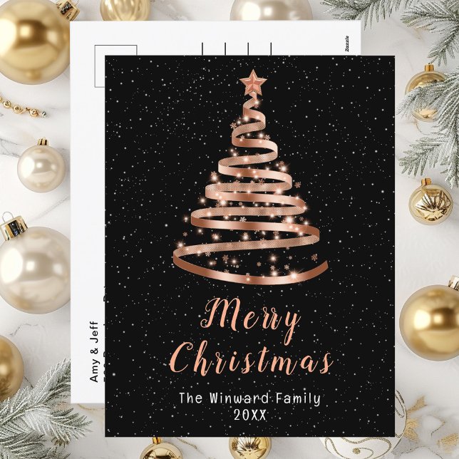 Rose Gold and Black Ribbon Tree Merry Christmas Holiday Postcard (Creator Uploaded)