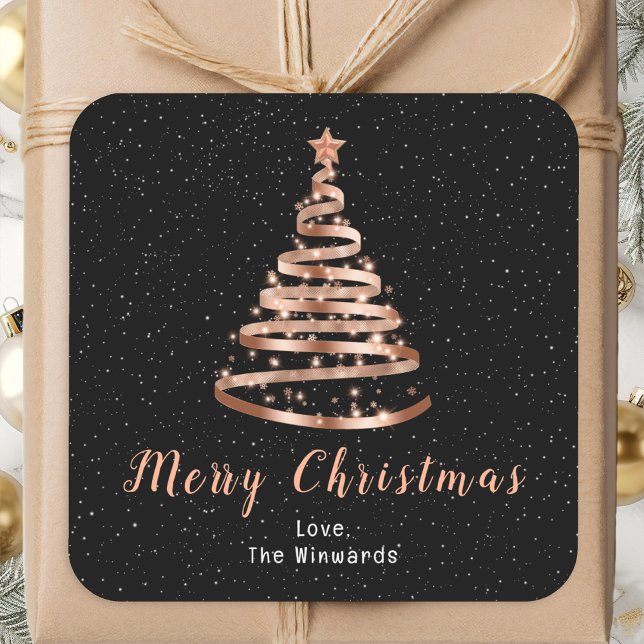 Rose Gold and Black Ribbon Tree Merry Christmas Square Sticker (Creator Uploaded)