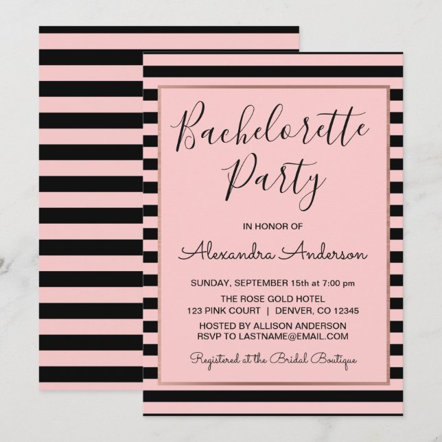 Rose Gold and Black Stripe Bachelorette Party Invitation (Front/Back)