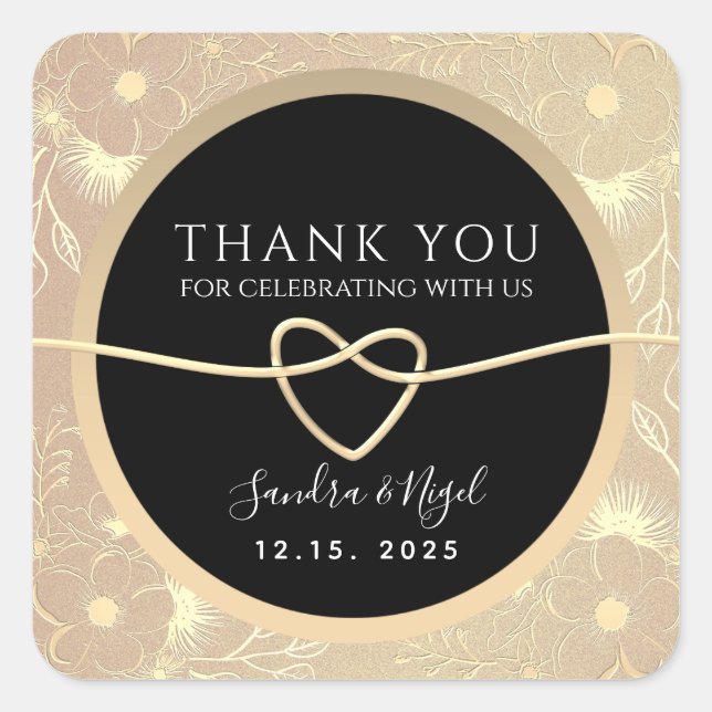 Rose Gold and Black Wedding Thank You Square Sticker (Front)