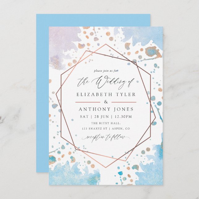 Rose Gold and Blue Geometric Wedding Invitation (Front/Back)