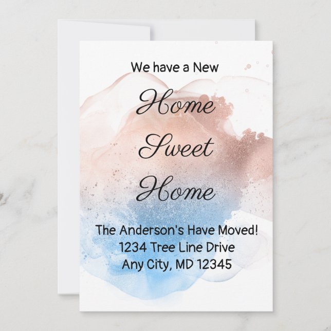 Rose Gold and Blue Splash Moving Announcement (Front)