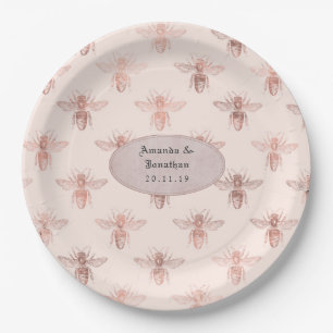 Rose Gold and Blush Bees Wedding Paper Plate