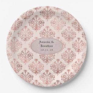 Rose Gold and Blush Damask Foil Wedding Paper Plate