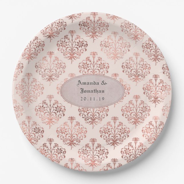 Rose Gold and Blush Damask Foil Wedding Paper Plate (Front)