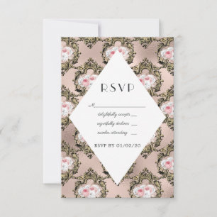 Rose Gold and Blush Damask Vintage Wedding RSVP Card