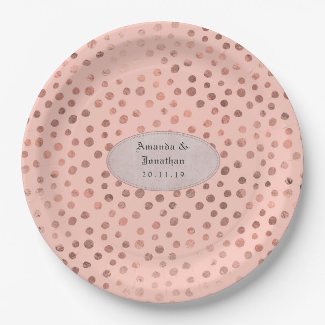Rose Gold and Blush Doodle Dots Foil Wedding Paper Plate (Front)