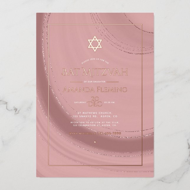 Rose Gold and Blush Faux Agate Bat Mitzvah Photo (Front)