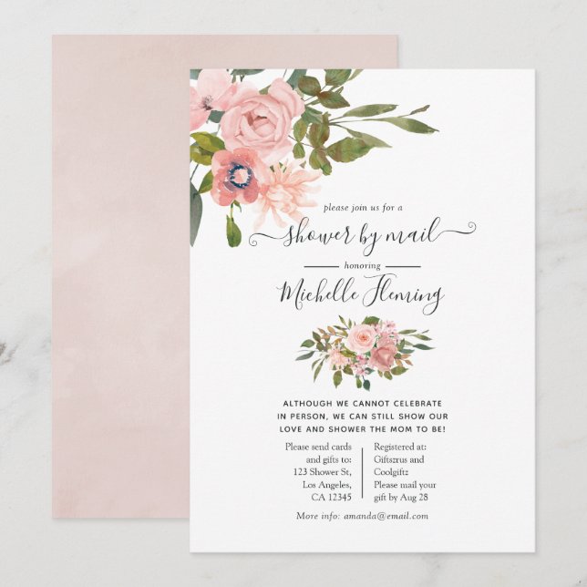 Rose Gold and Blush Floral Baby Shower by Mail Invitation (Front/Back)