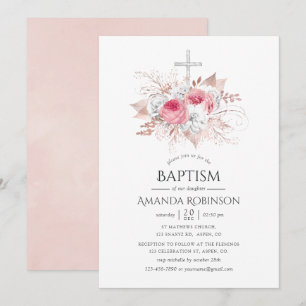 Rose Gold and Blush Floral Baptism or Christening Invitation