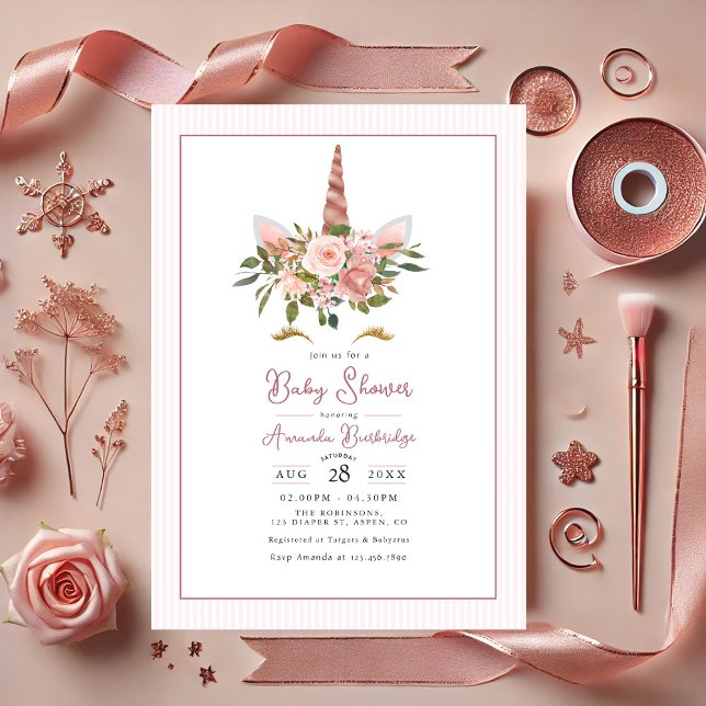 Rose Gold and Blush Floral Unicorn Baby Shower Invitation (Rose Gold and Blush Floral Unicorn Baby Shower Invitation)