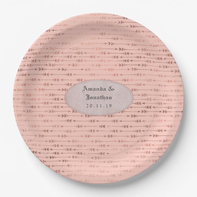 Rose Gold and Blush Foil Arrows Wedding Paper Plate (Front)