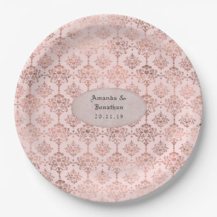 Rose Gold and Blush Foil Damask Wedding Paper Plate