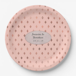 Rose Gold and Blush Foil Diamond Pattern Wedding Paper Plate