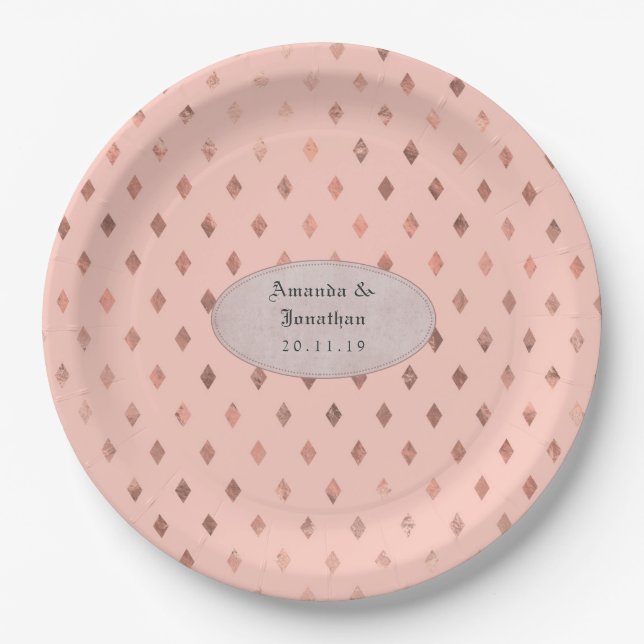 Rose Gold and Blush Foil Diamond Pattern Wedding Paper Plate (Front)