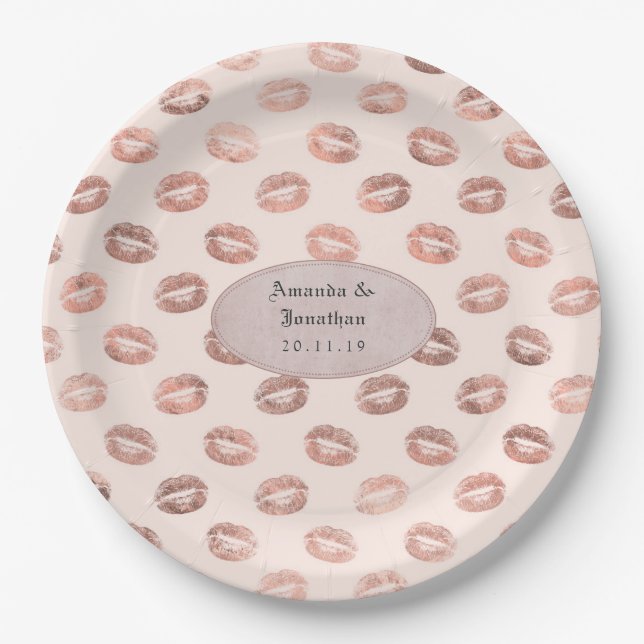 Rose Gold and Blush Foil Lips Wedding Paper Plate (Front)