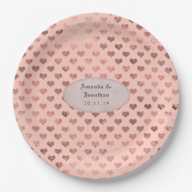 Rose Gold and Blush Foil Love Hearts Wedding Paper Plate (Front)