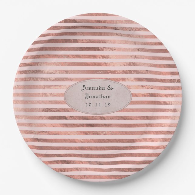 Rose Gold and Blush Foil Stripes Wedding Paper Plate (Front)
