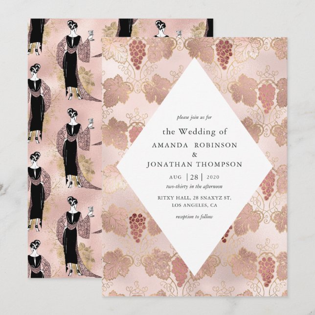 Rose Gold and Blush French Wine themed Wedding Invitation (Front/Back)